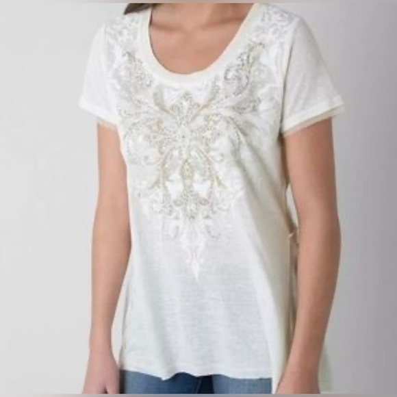 Miss Me White Slub Knit Embroidered Sheer Peplum Back T Shirt Top Women's Small - Picture 1 of 9